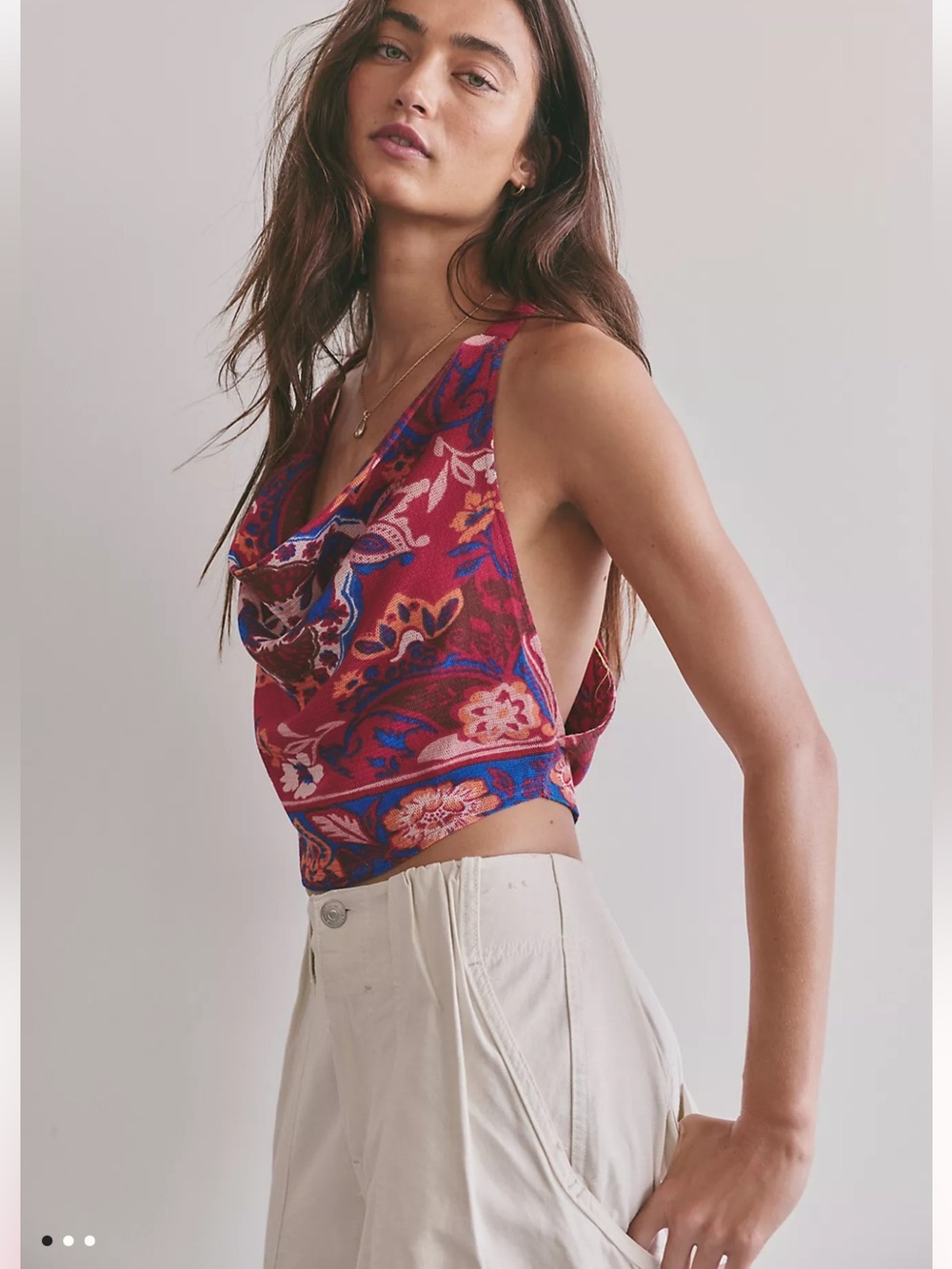Free People Jazzy Floral Cowl-Neck Crop Cami - Red & Blue